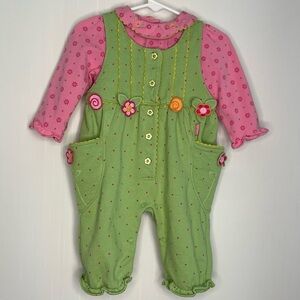 Le Top Baby Girl Romper Outfit 2 Piece Set Floral Polkadots Green Pink 6M